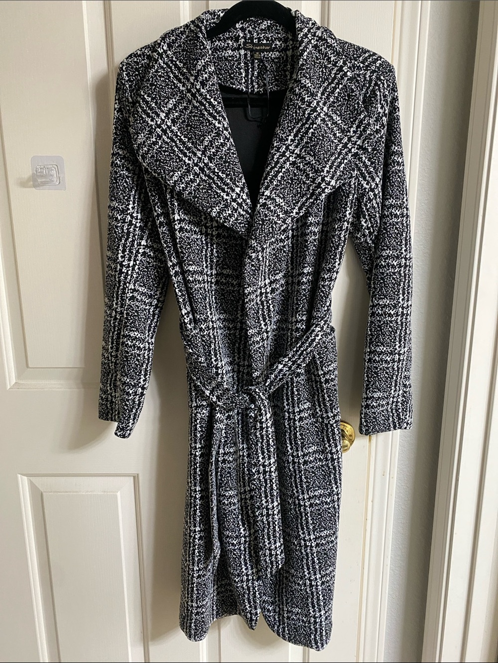 Shinestar Black and White Plaid Trench Coat with Belt